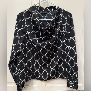 Zara—Black and Winter White Patterned Blouse, S, Cowl/Drape Neckline—EUC!